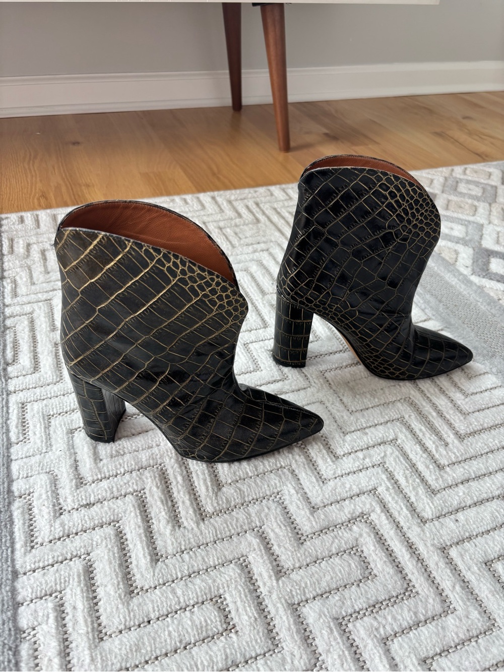 Paris Texas Black Croc Embossed Pointed Toe Ankle Boots 37